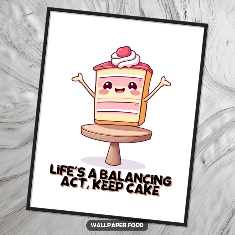 Funny Free Printable Wall Art: A delighted slice of cake performing a surprisingly elegant balancing routine, ideal for kitchens.
