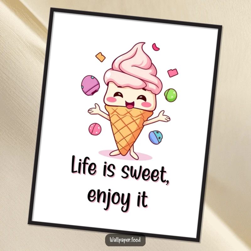 Funny Free Printable Wall Art: Giggling ice cream cone character expertly juggles bright, colorful scoops with a happy expression.