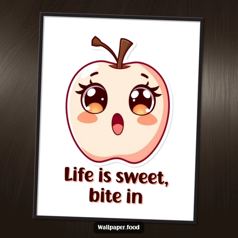 Funny Free Printable Wall Art: Surprised candy apple character with wide, ecstatic eyes, radiating pure excitement.