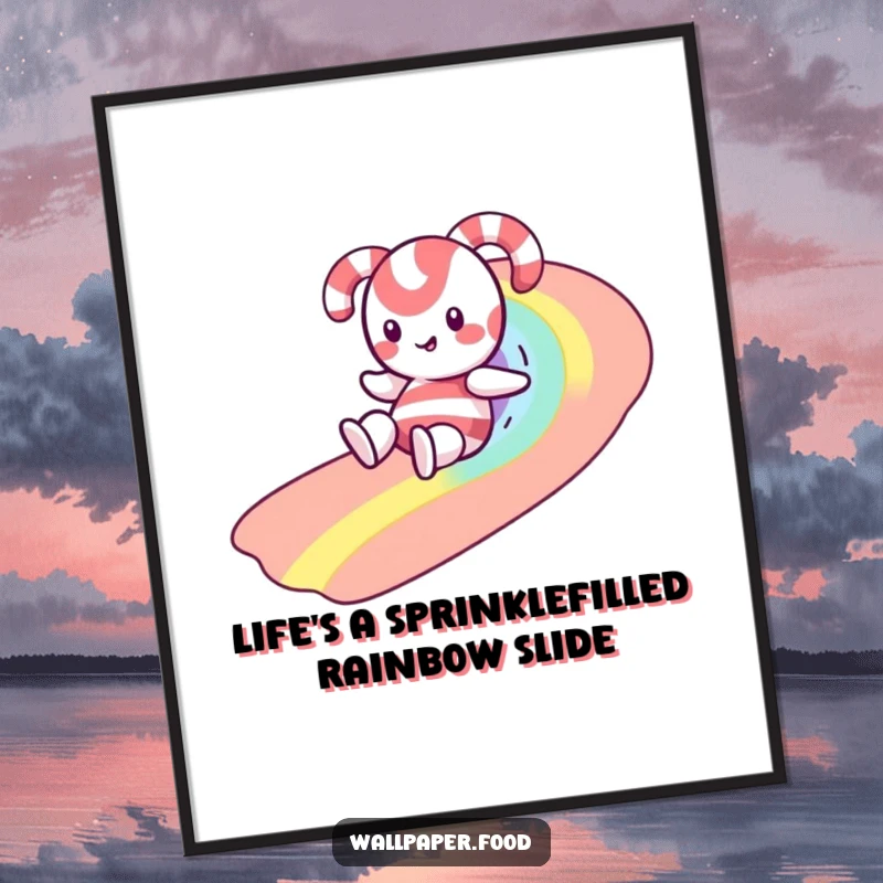 Funny Free Printable Wall Art: A happy candy cane character slides down a vibrant rainbow made of sprinkles.