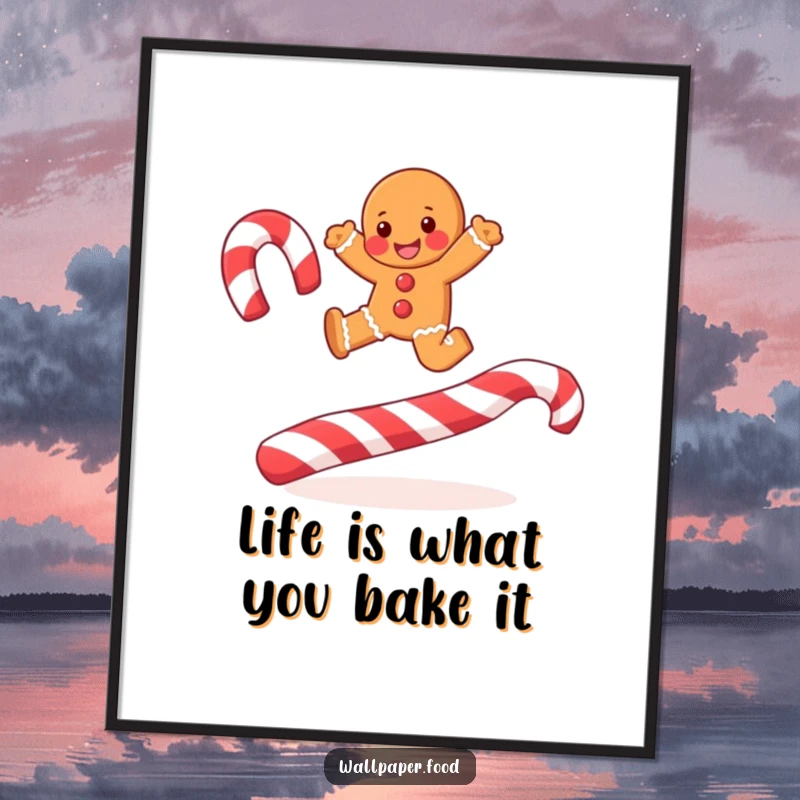 Funny Free Printable Wall Art: A joyful gingerbread man leaping energetically over giant candy cane stripes.