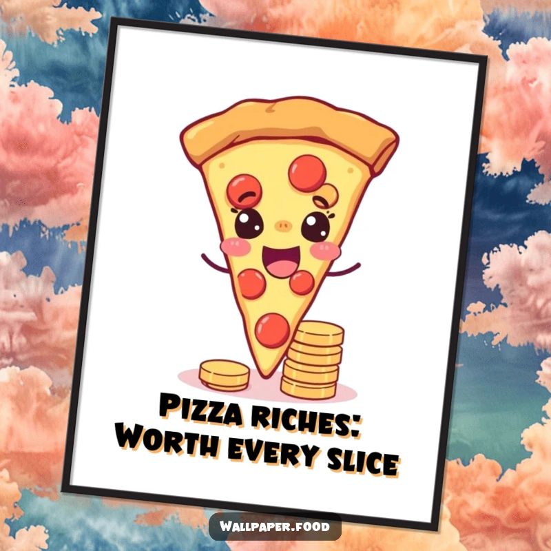 Funny free printable wall art: joyful pizza slice winks while balancing coins, symbolizing luck and prosperity, downloadable decor.