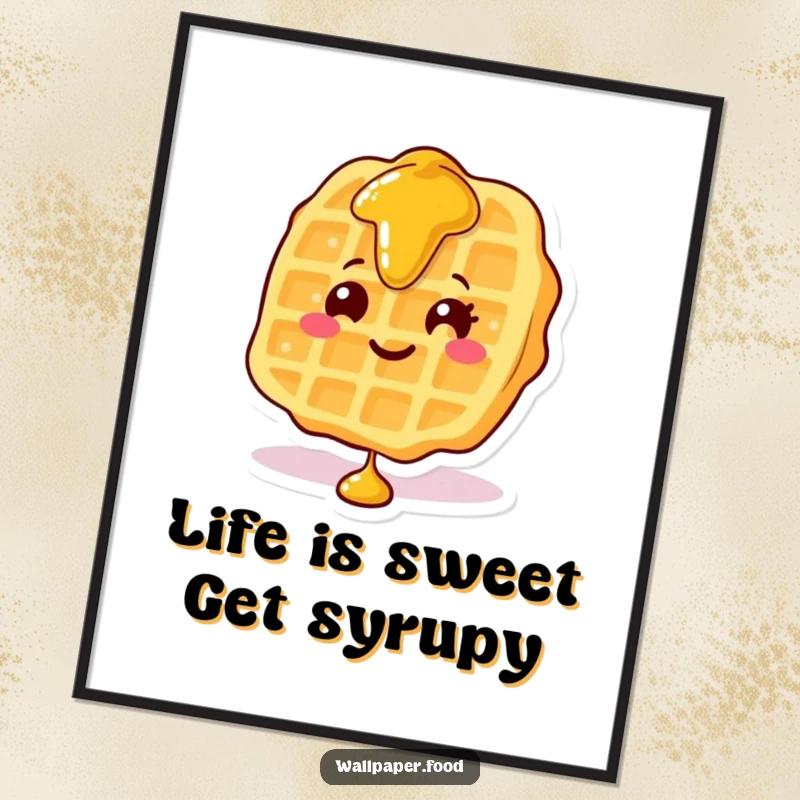 Funny Free Printable Wall Art: A smiling waffle character sits happily as thick, golden syrup cascades down.