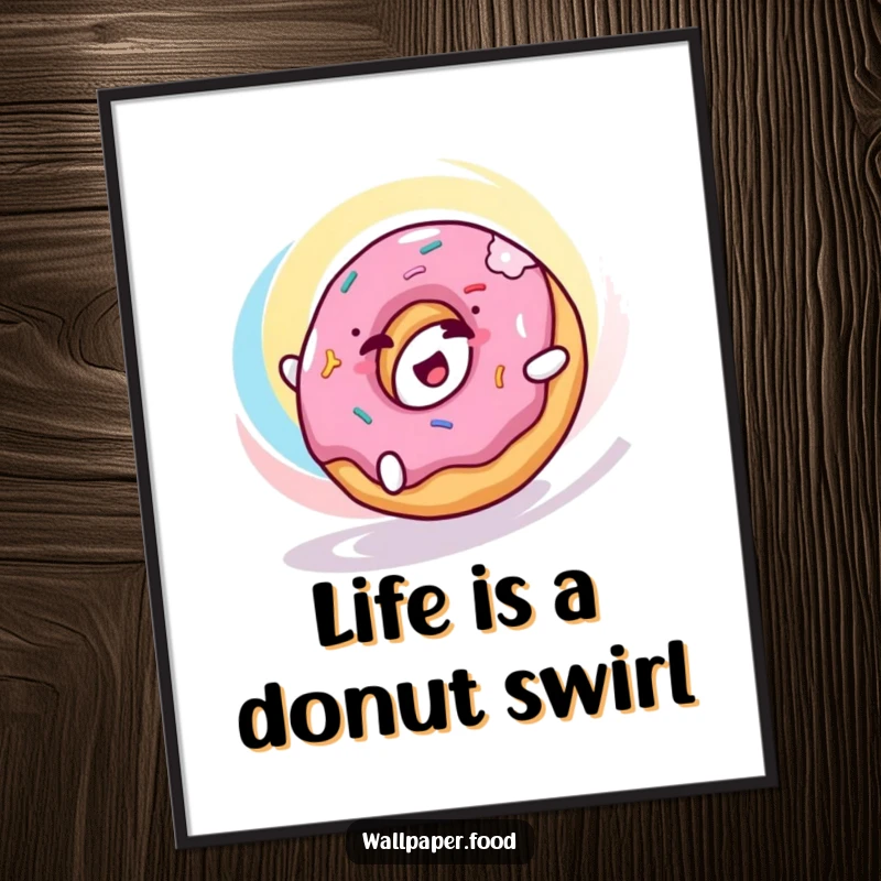 Funny Free Printable Donut Wall Art: A happy donut character rolls with delight through a vibrant colorful swirl, adding fun decor.