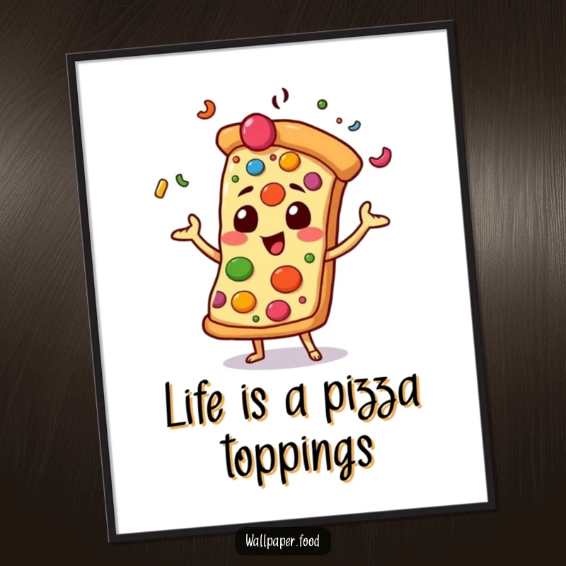 Funny Free Printable Wall Art: a pizza slice character joyfully juggling various colorful toppings with glee.