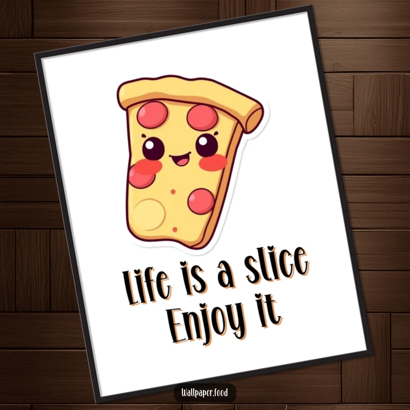 Funny free printable wall art of a pizza slice sliding with a mischievous grin, perfect for kitchens or rooms.