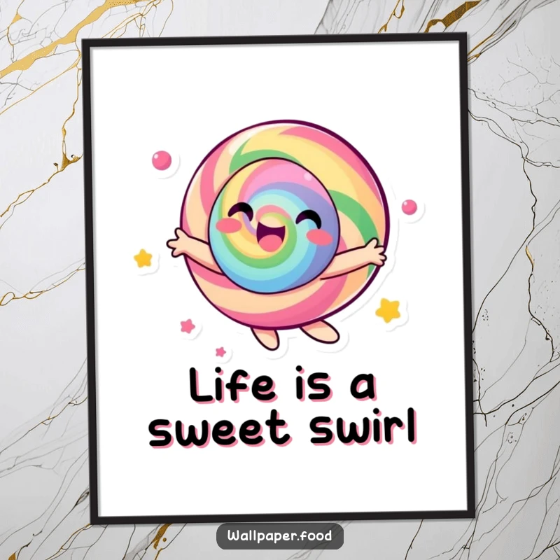 Funny Free Printable Wall Art: A round candy character spinning energetically with bright colors, adding humor and vibrancy.