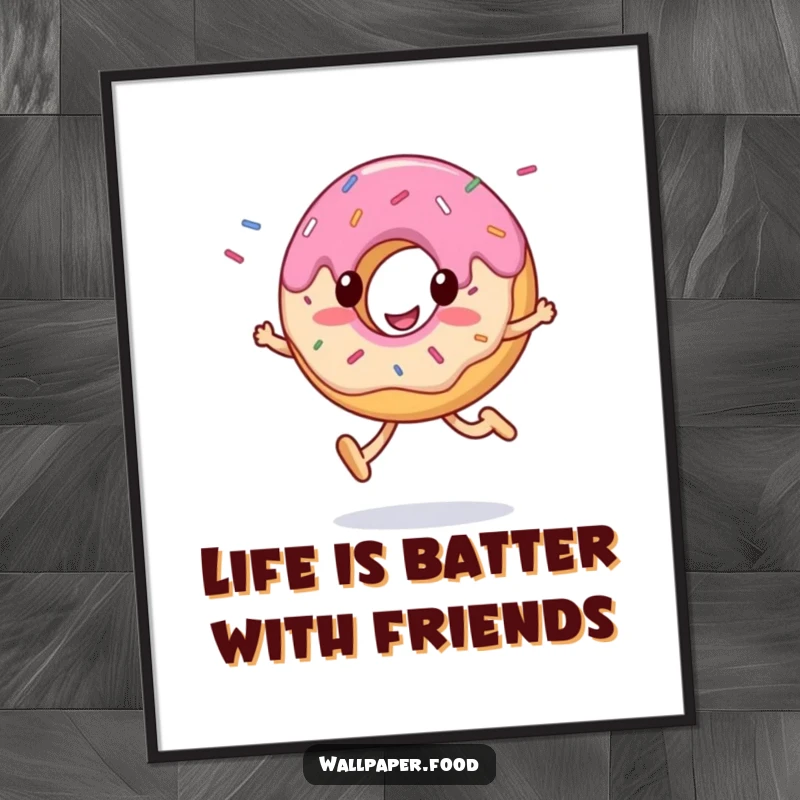 Funny Free Printable wall art of a cheerful donut character skipping joyfully with a cascade of colorful sprinkles flying around.