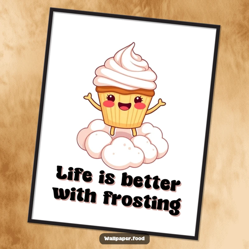 Funny Free Printable Wall Art depicting a smiling cupcake character happily bouncing on a cloud of whipped cream.