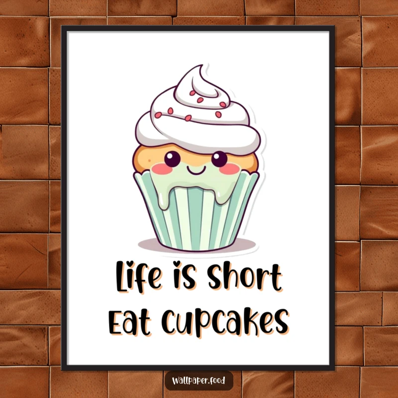Funny Free Printable Wall Art: A smiling cupcake character looks delighted as its colorful frosting happily drips down its sides.