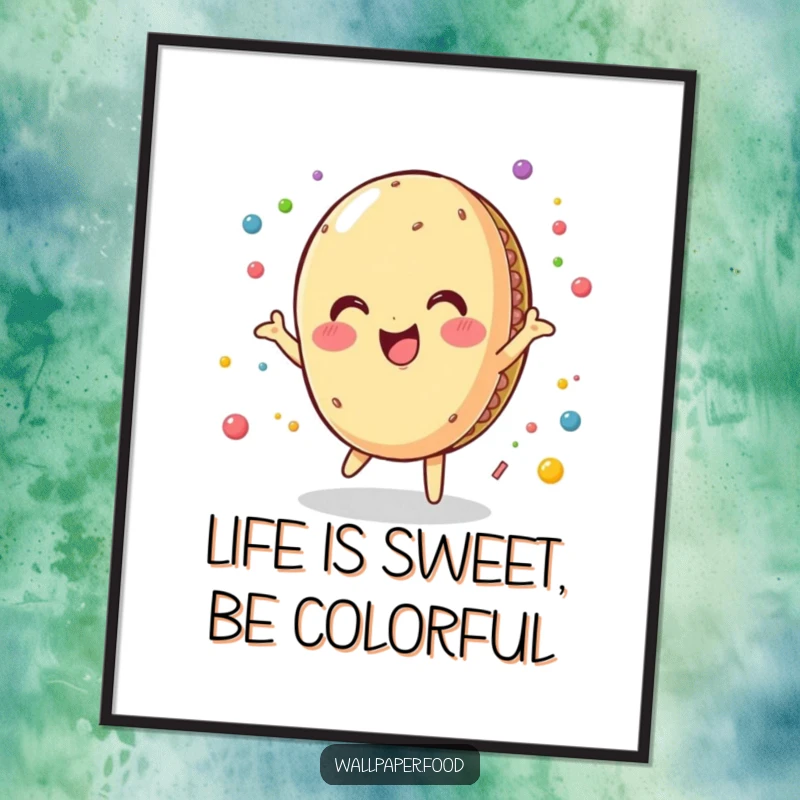Funny Free Printable wall art of a delighted macaroon character in a dynamic, colorful spin, adding artistic flair.