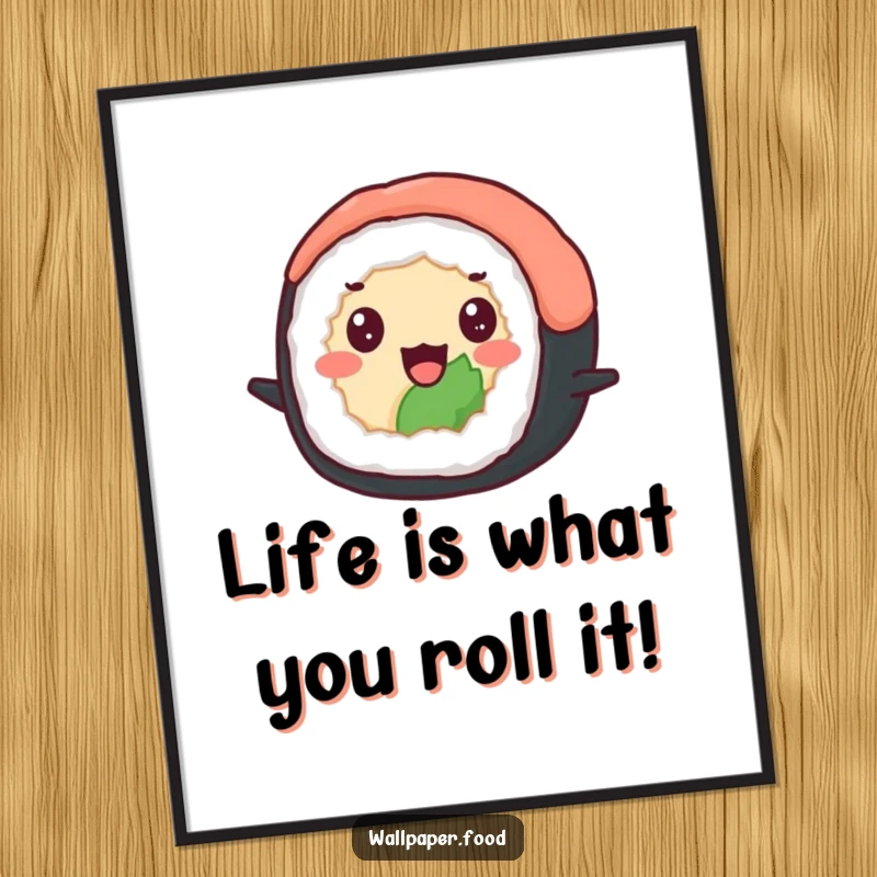 Funny Free Printable Wall Art: A delighted sushi roll with beady eyes, joyfully bouncing in place.