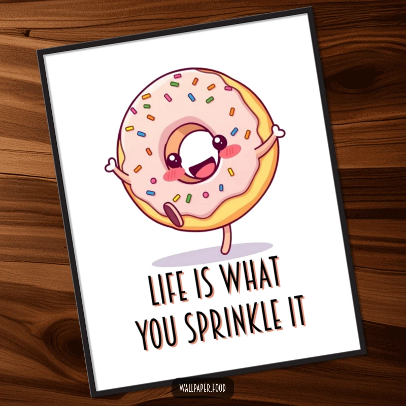 Funny Free Printable Wall Art: A cheerful donut character with colorful sprinkles captured mid-cartwheel, radiating pure, sugary fun and happiness.