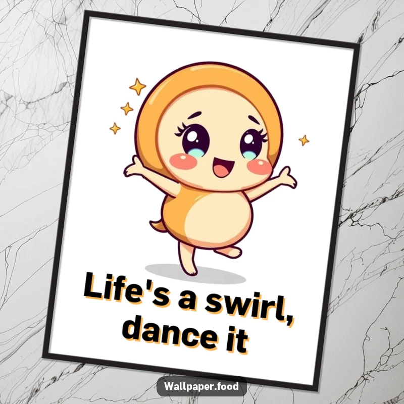 Funny Free Printable Wall Art: A cheerful caramel swirl character in a dynamic dance pose, radiating sparkle and playful energy.