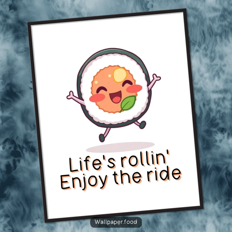 Funny free printable wall art of a sushi roll with legs doing a joyful leap, for kitchen or foodie decor.