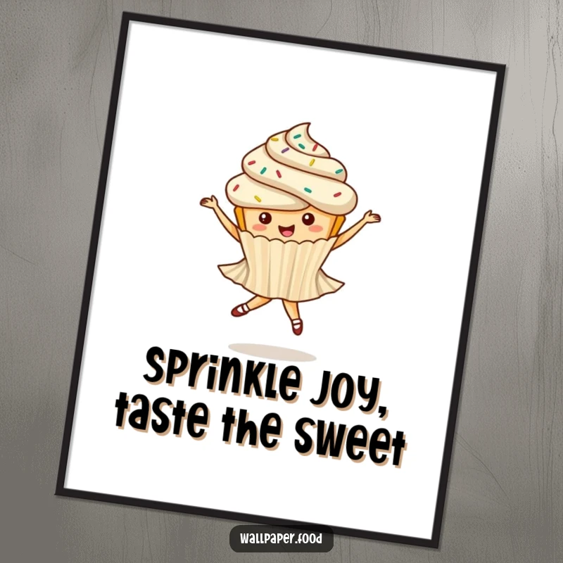 Funny Free Printable Whimsical Cupcake Wall Art: A cupcake with sprinkles does a ballet twirl, perfect for downloadable art.