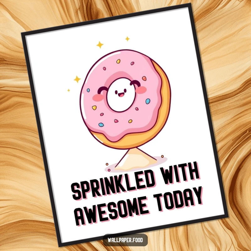 Funny Free Printable Wall Art: A happy donut with a sparkling attitude masterfully balancing on a single sprinkle, adding charm.