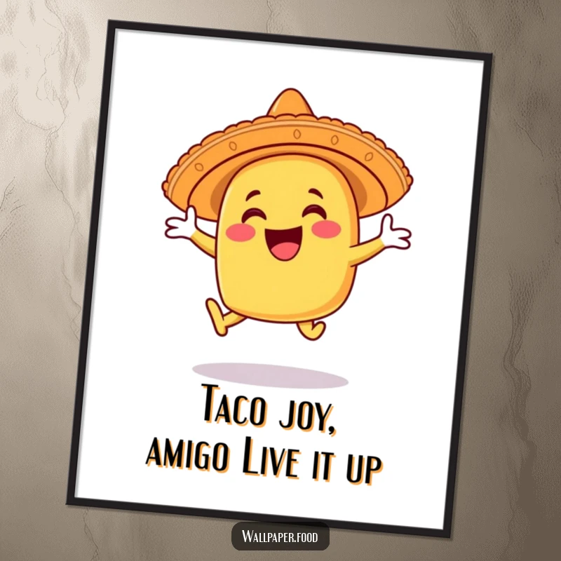 Funny Free Printable Wall Art: A cheerful taco character in a sombrero captured mid-joyful leap, exuding festive energy and playful charm.