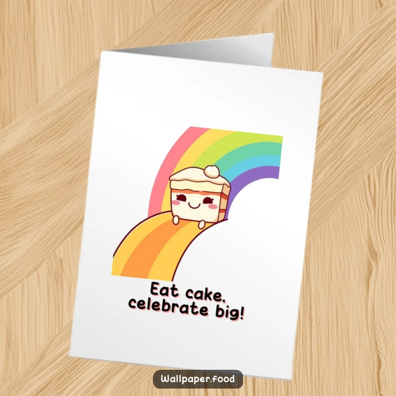 Funny Free Printable Birthday Card: A grinning cake gleefully slides down a vibrant rainbow, spreading birthday joy.