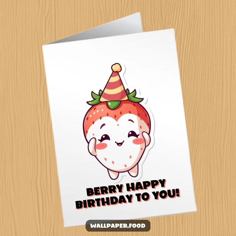 Funny Free Printable Birthday Card: Curious strawberry character adorably adjusts a tiny, festive party hat, ready for fun.