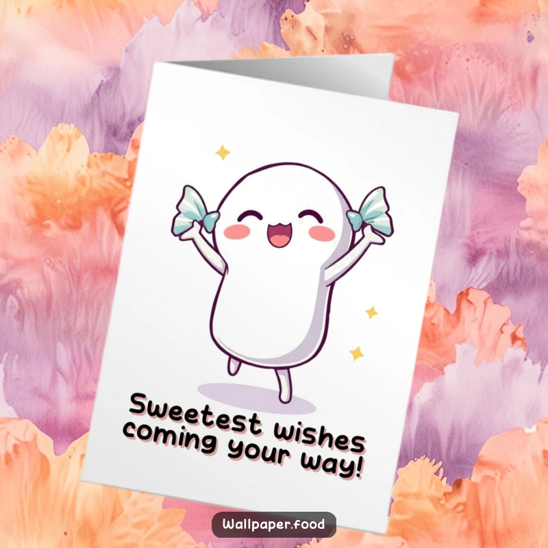 Funny Free Printable Birthday Card: A dancing candy with its wrapper shimmering with excitement celebrates a birthday with pure joy.