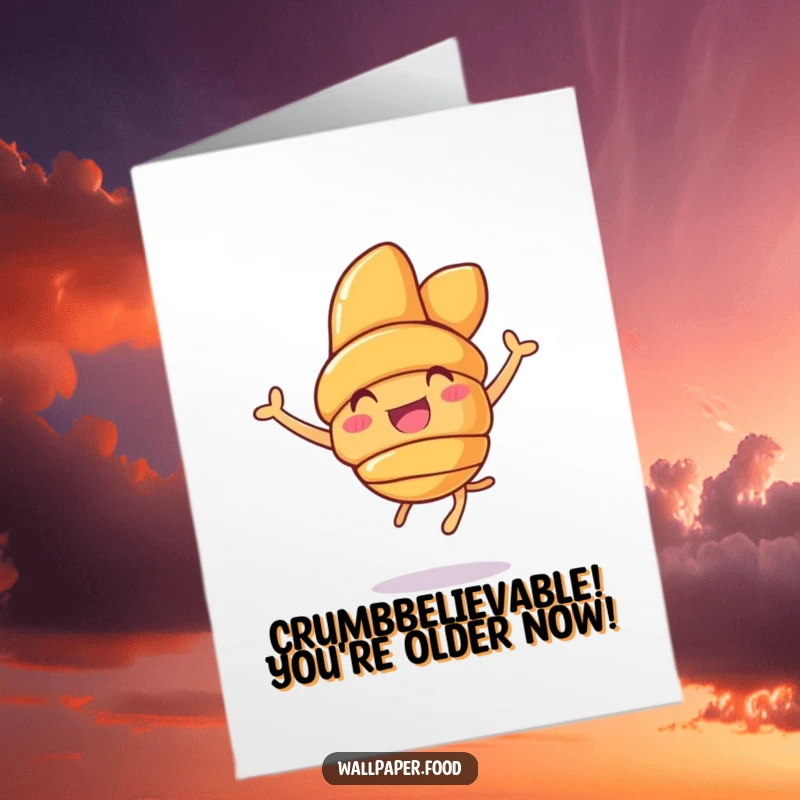 Funny Free Printable birthday card of a cartoon croissant character joyfully leaping with excitement, ready for your custom message.