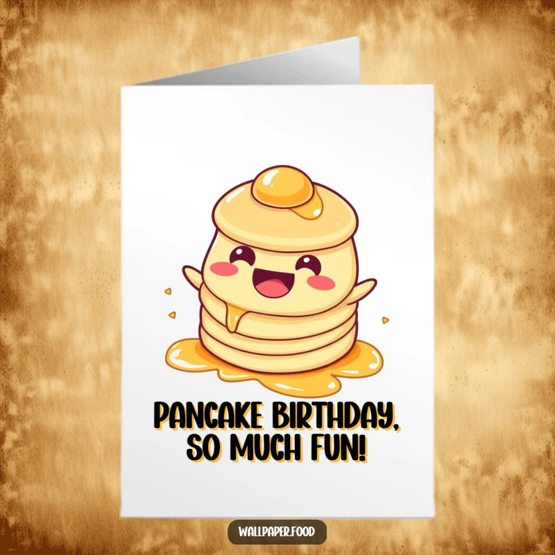 Funny free printable birthday card of a happy pancake character joyfully splashing in a pool of syrup. A delicious DIY greeting.
