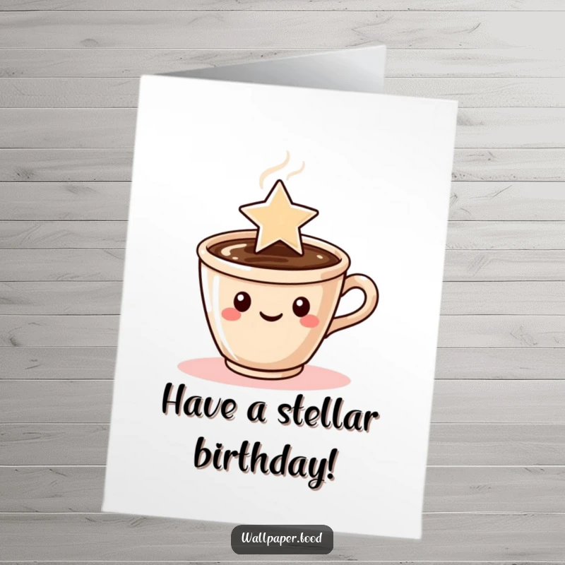 Funny Free Printable Birthday Card: A coffee cup character exhales steam artfully shaped into a bright star.