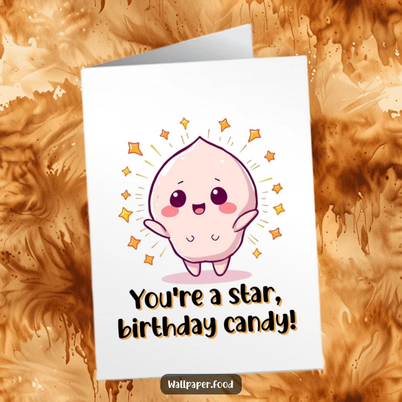 Funny Free Printable Birthday Card: A cheerful candy character erupting in a colorful starry explosion, radiating pure birthday excitement.