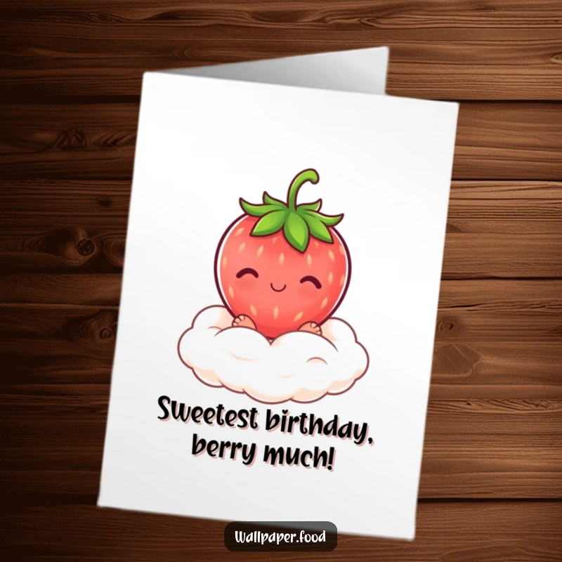 Funny Free Printable Birthday Card: A blushing strawberry character sitting sweetly atop a fluffy cloud of cream, looking bashful.