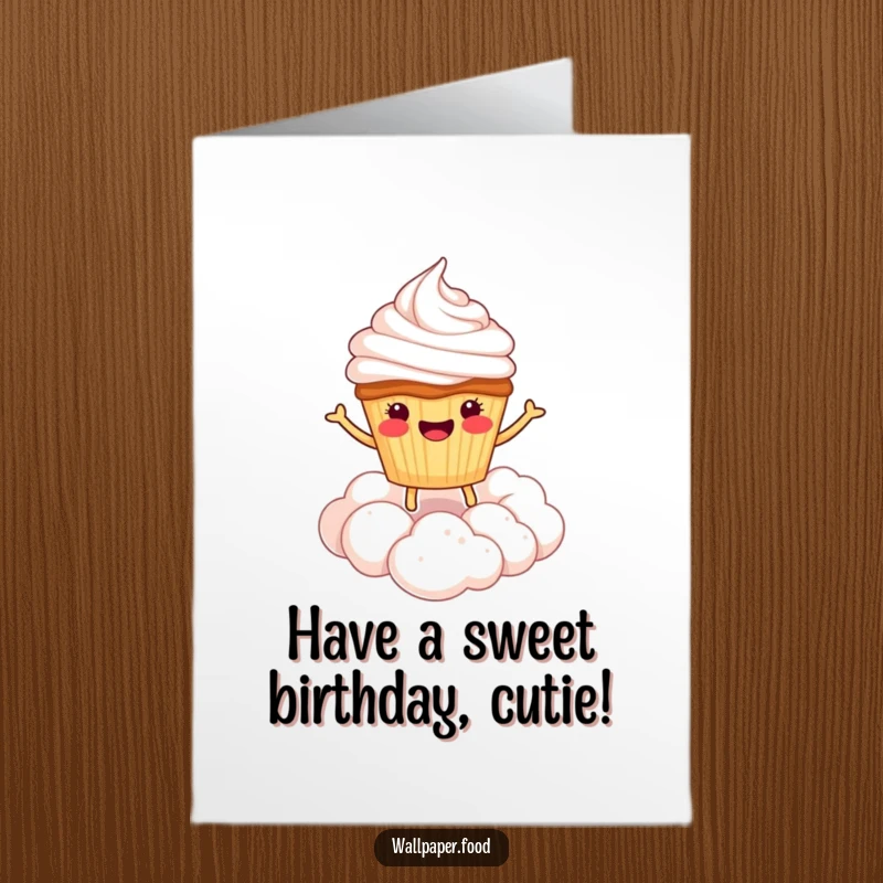 Funny Free Printable Birthday Card featuring a smiling cupcake character joyfully bouncing on a fluffy cloud of whipped cream.