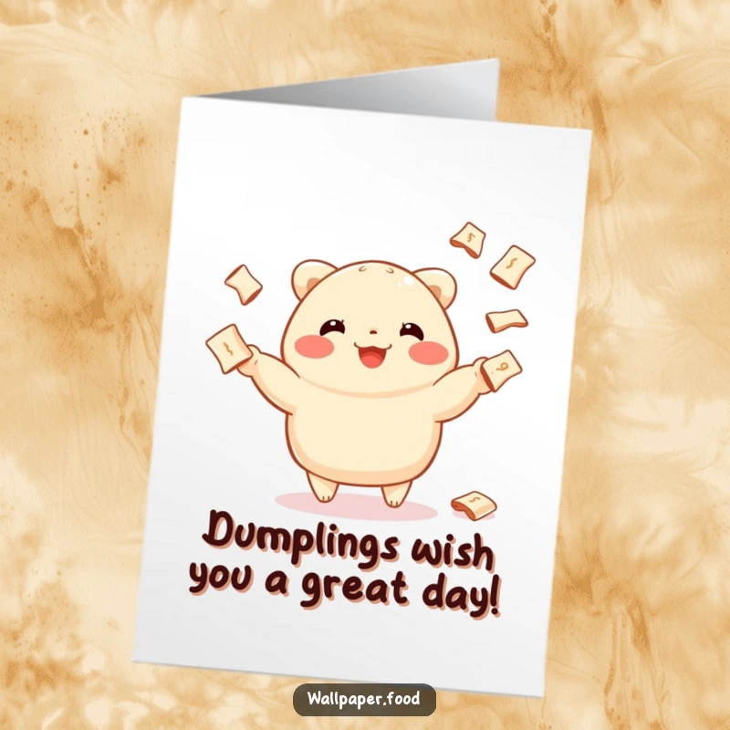 Funny Free Printable Birthday Card: Playful dumpling character enthusiastically juggling tiny fortune cookies with a smile.