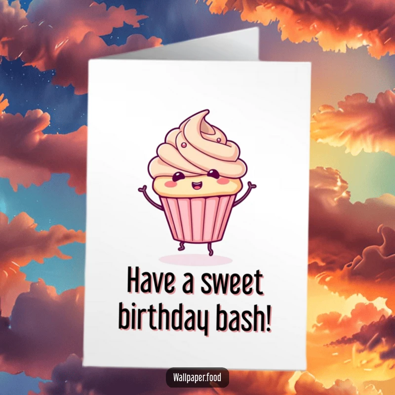 Funny Free Printable Birthday Card: A cute cupcake character with frosting joyfully doing a whimsical spin.