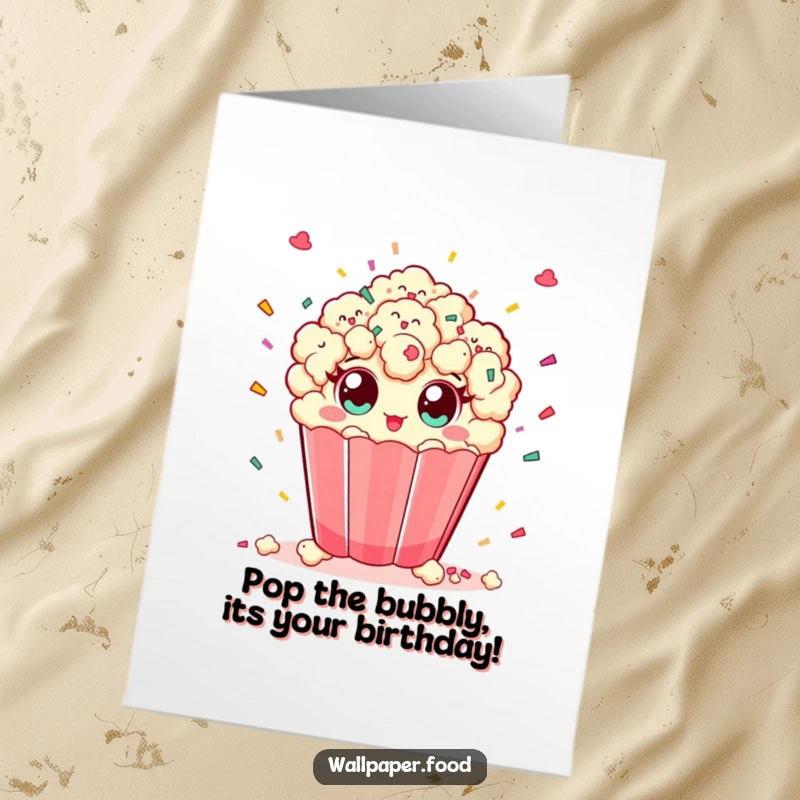 Funny Free Printable Birthday Card: A piece of popcorn with wide eyes joyfully throwing a shower of colorful confetti.