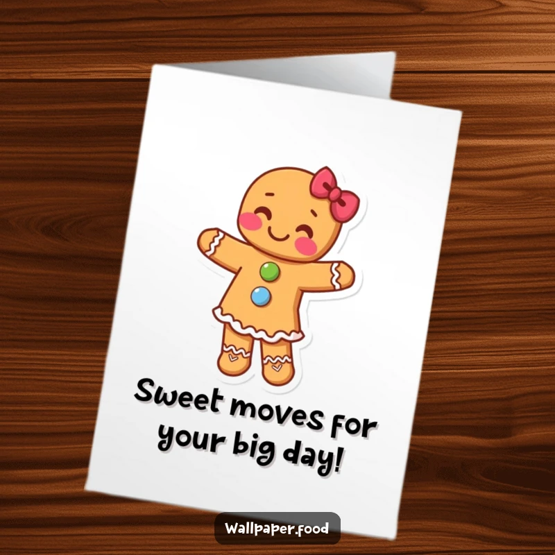 Funny Free Printable Happy Birthday card featuring a joyful gingerbread man with candy buttons dancing energetically.