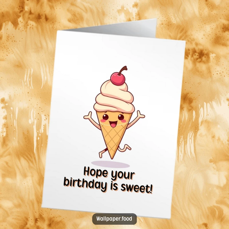 Funny free printable birthday card of a hopping ice cream cone with a cherry on top bouncing happily.