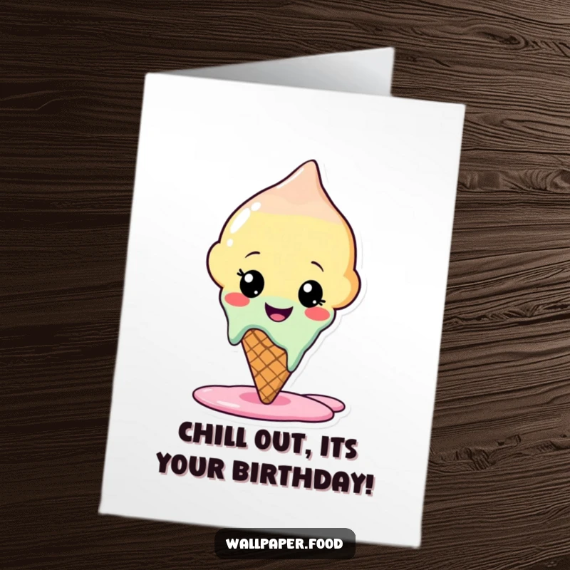 Free Printable Birthday Card featuring a happy ice cream cone character slightly melting, celebrating a cool occasion.