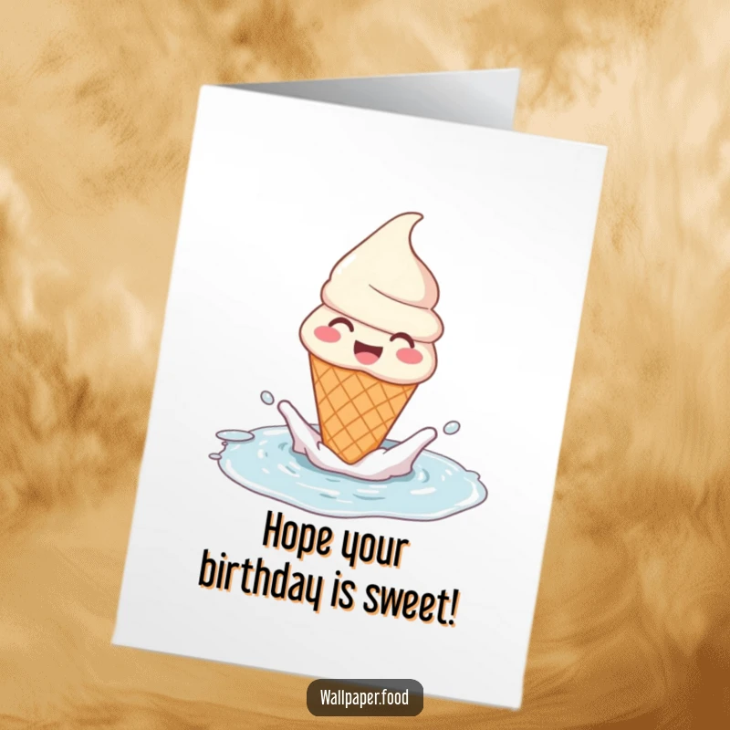 Funny Free Printable Birthday Card: A gleeful ice cream cone character joyfully splashing and spraying water in a puddle with pure delight.