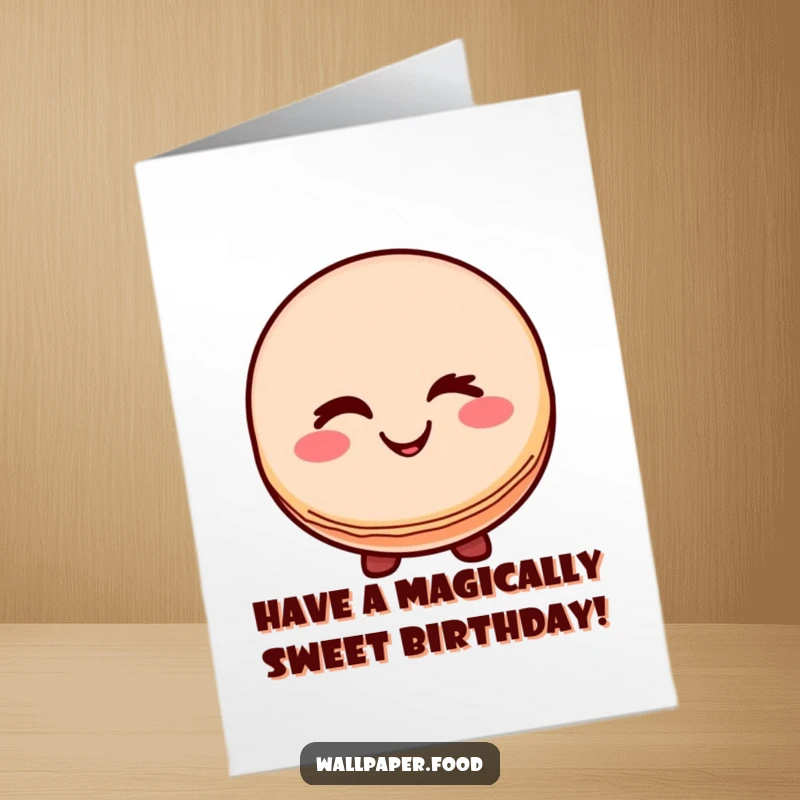 Free Printable Birthday Card featuring a smiling macaron character giving a cheerful wink, celebrating with joy.