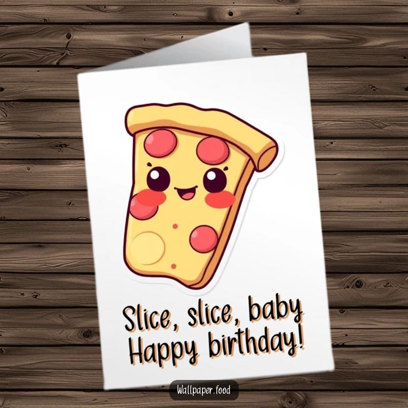 Funny free printable birthday card of a pizza slice sliding with a mischievous grin on its crust.