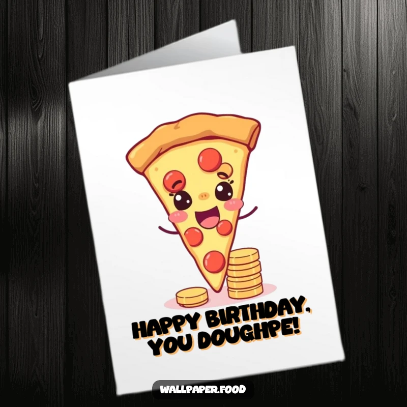 Funny free printable birthday card: joyful pizza slice winks while balancing coins, wishing a prosperous birthday, downloadable art.