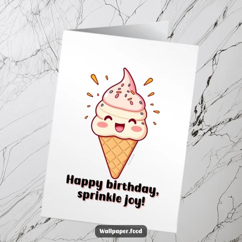 Funny Free Printable Birthday Card: Delighted ice cream cone character with a sprinkle eruption, celebrating your special day.