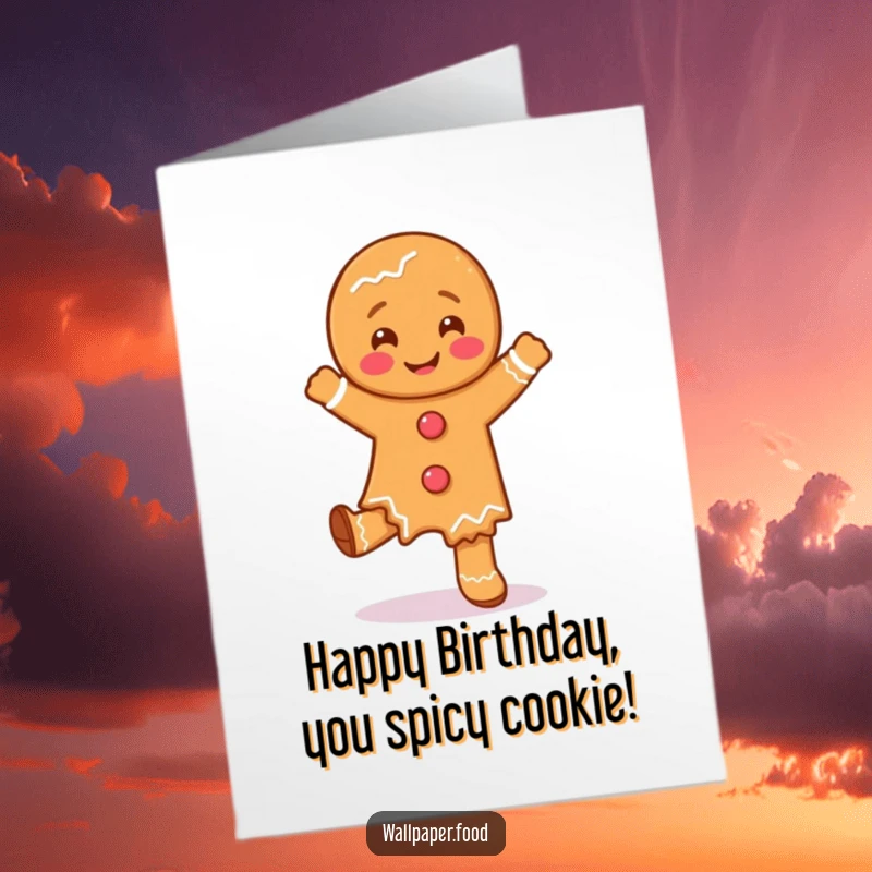 Funny Free Printable birthday card of a playful gingerbread man character doing a silly, joyful little dance with cookie crumbs flying.