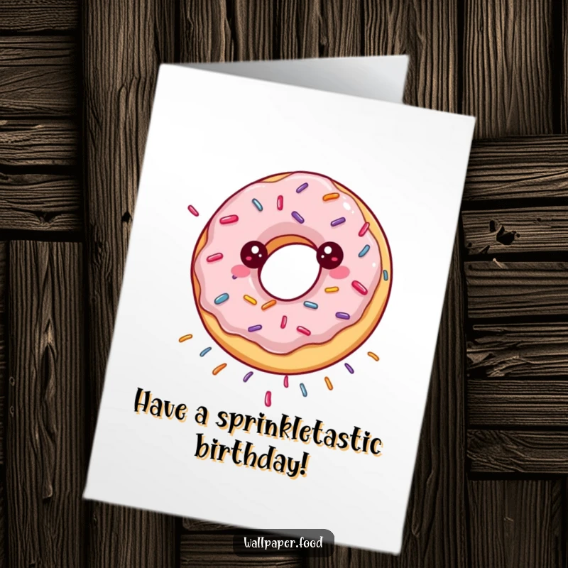 Funny free printable birthday card of a happy spinning donut showering sprinkles, celebrating a birthday.
