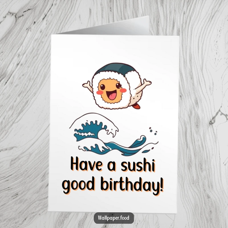 Funny Free Printable Sushi Birthday Card: A cheerful sushi roll leaps happily over stylized wave patterns, wishing a happy birthday.
