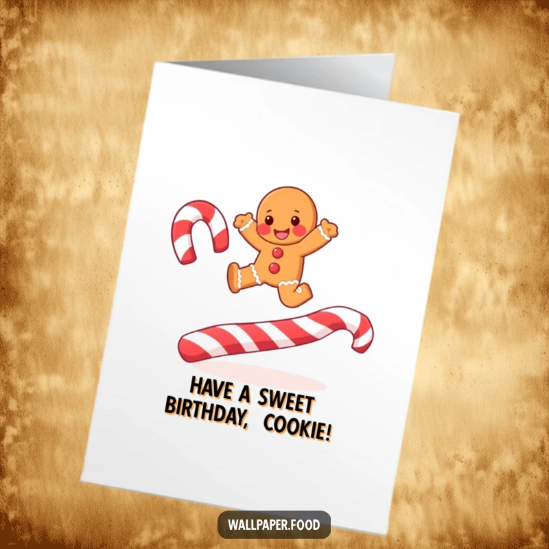 Funny Free Printable Birthday Card: A joyful gingerbread man leaping energetically over giant candy cane stripes.