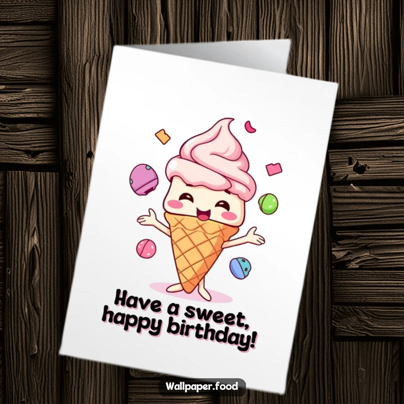 Funny Free Printable Birthday Card: Giggling ice cream cone happily juggles colorful scoops, celebrating with sweet delight.