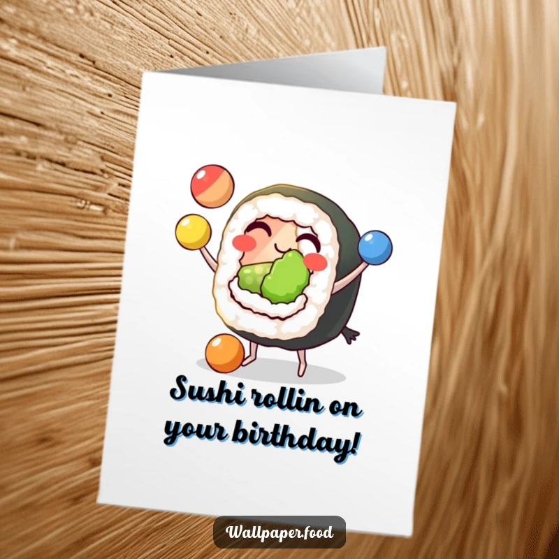 Free Printable Birthday Card: Grinning sushi roll character with tiny feet skillfully juggling three colorful balls for a birthday.