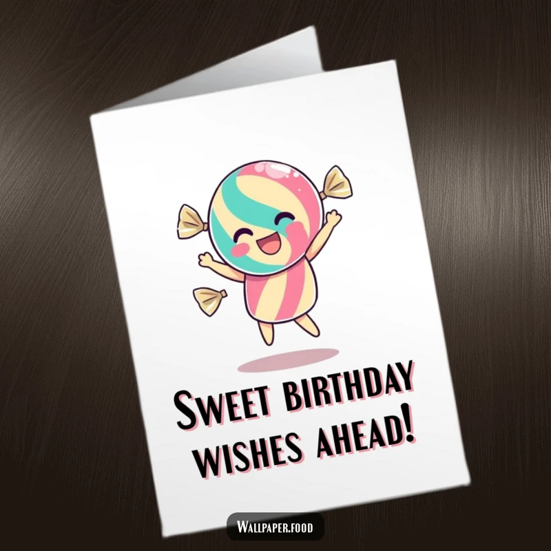Funny Free Printable Birthday Card: A dancing candy in a shimmering wrapper wiggles with pure birthday excitement.