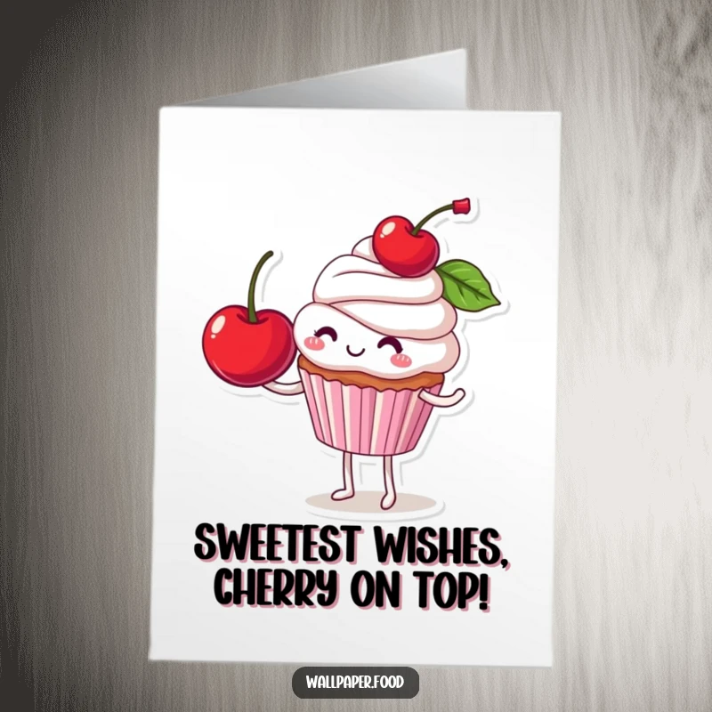 Funny Free Printable Birthday Card: Smiling cupcake character precariously balances a huge cherry, ready to tumble.